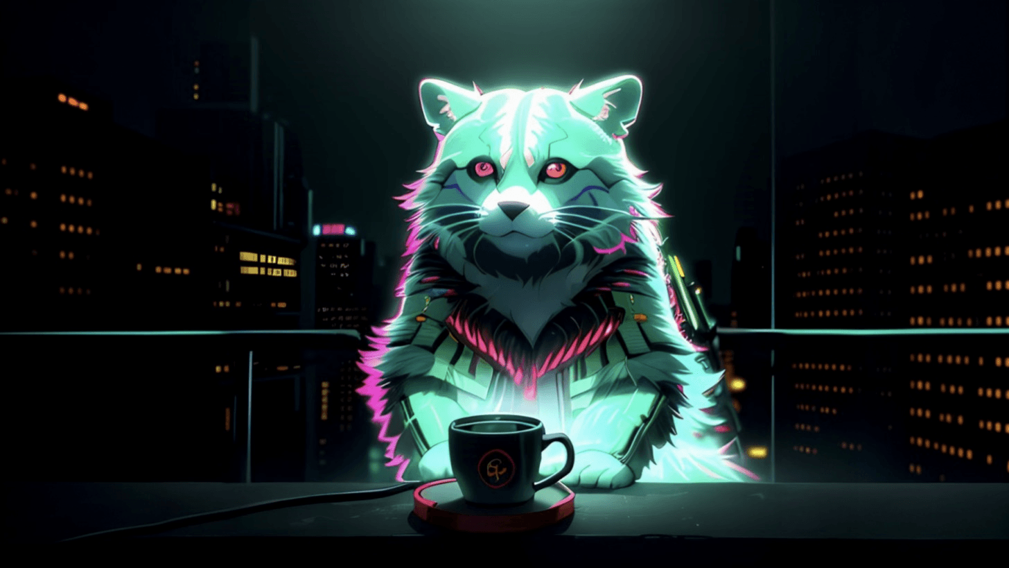 サイバーパンクな街でコーヒーを飲むアライグマのマスコット